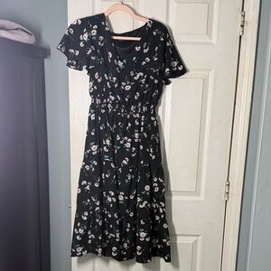 Black Floral V-Neck Midi Dress with Flutter Sleeves
